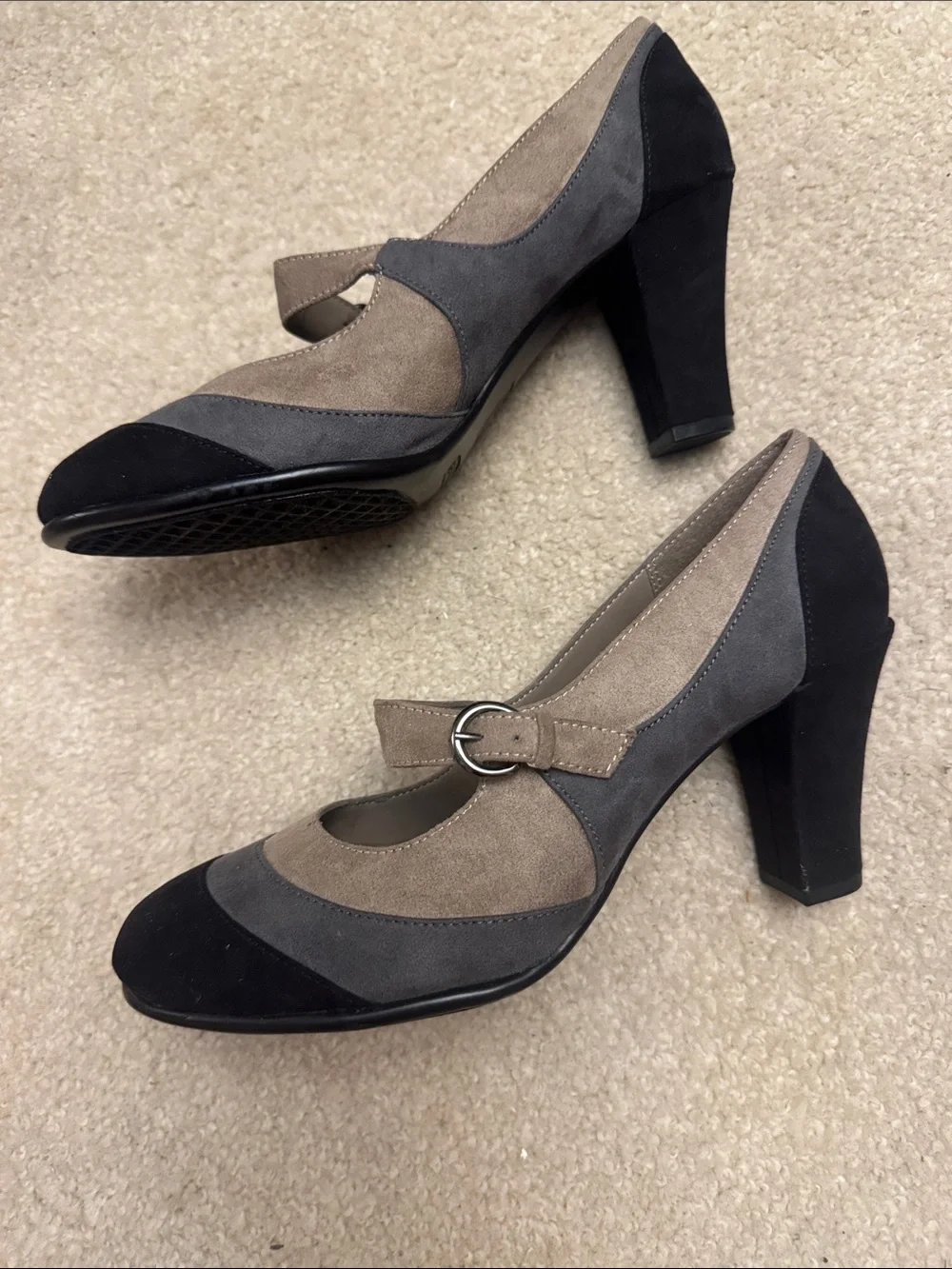 AEROSOLES Tri-Tone Suede Mary Jane Pumps in Brown, Gray & Black